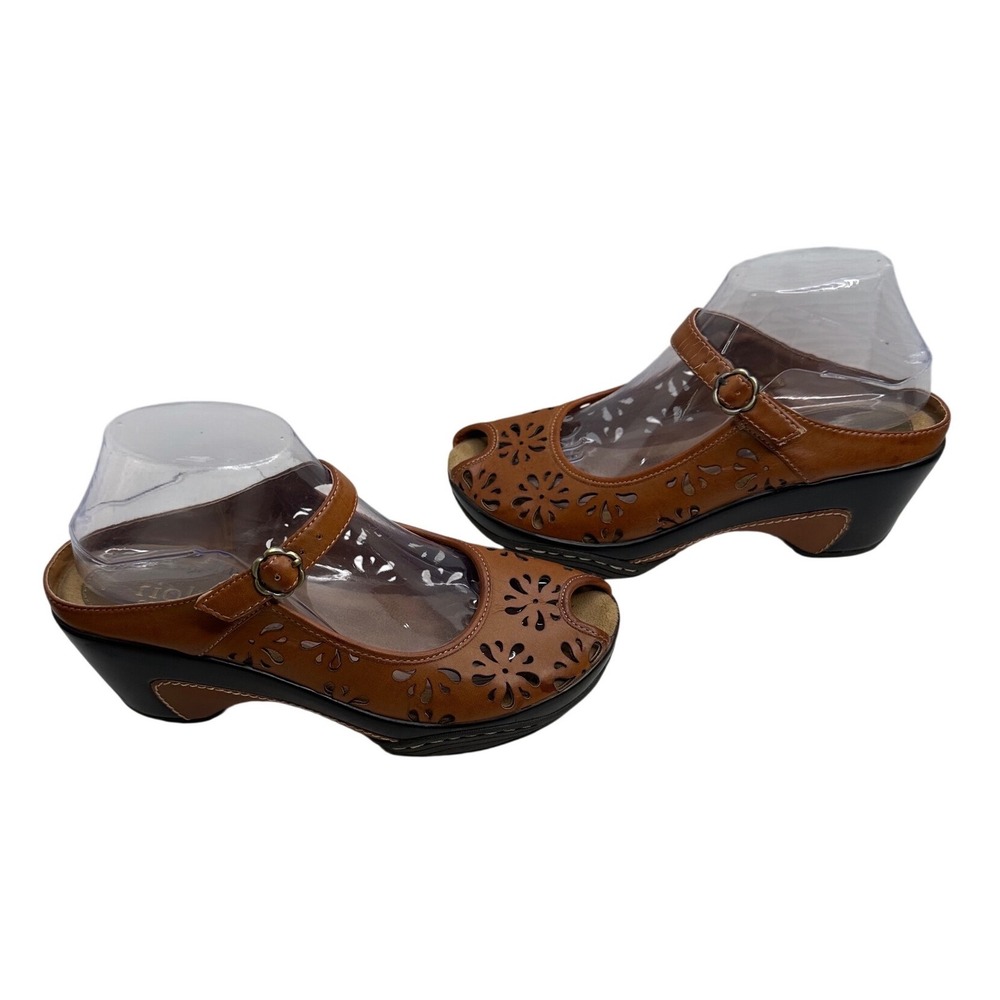 Rialto‎ Comfort Womens Brown Leather Cutout Peep Toe Mary Jane Wedges Size 8M